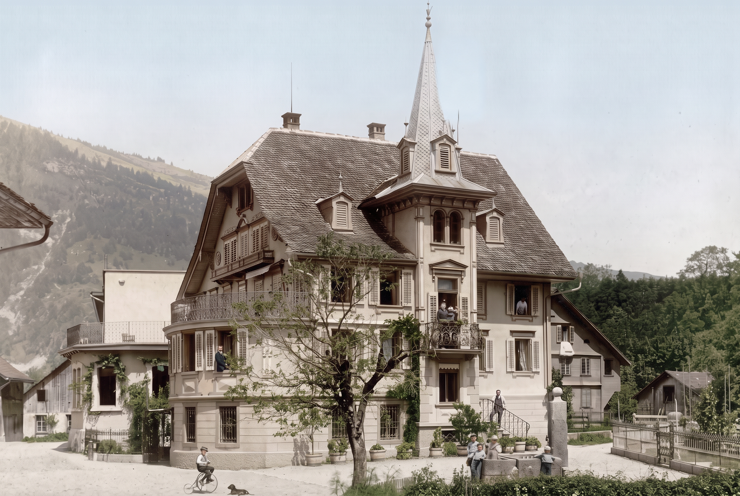 Kolorierte historische Aufnahme des Fassbind-Stammhauses in Oberarth